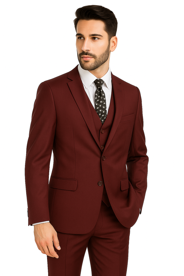Mens Vested Slim Fit Wool Feel Suit in Burgundy