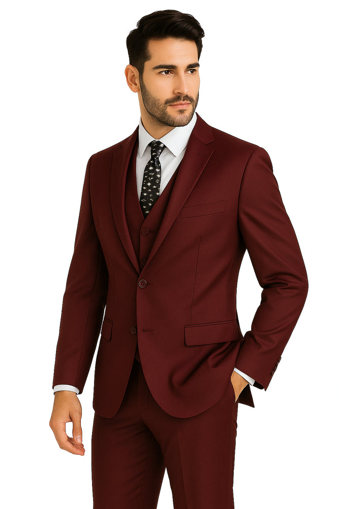 Mens Vested Slim Fit Wool Feel Suit in Burgundy