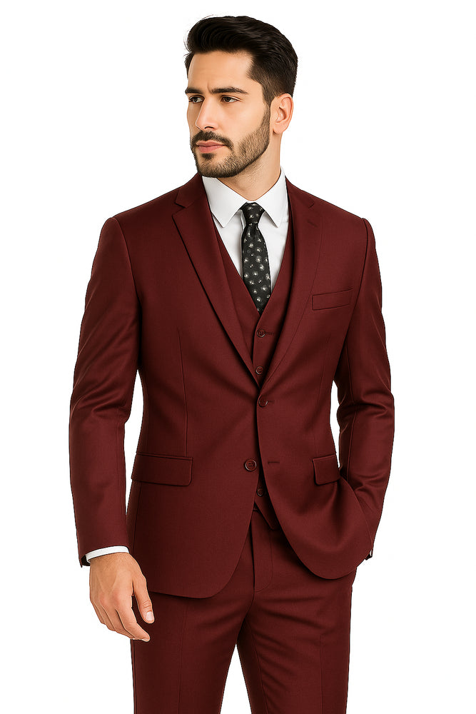 Mens Vested Slim Fit Wool Feel Suit in Burgundy