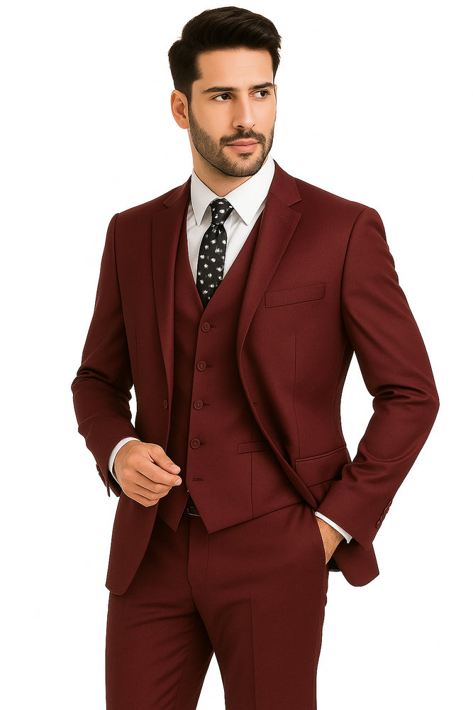 Mens Vested Slim Fit Wool Feel Suit in Burgundy