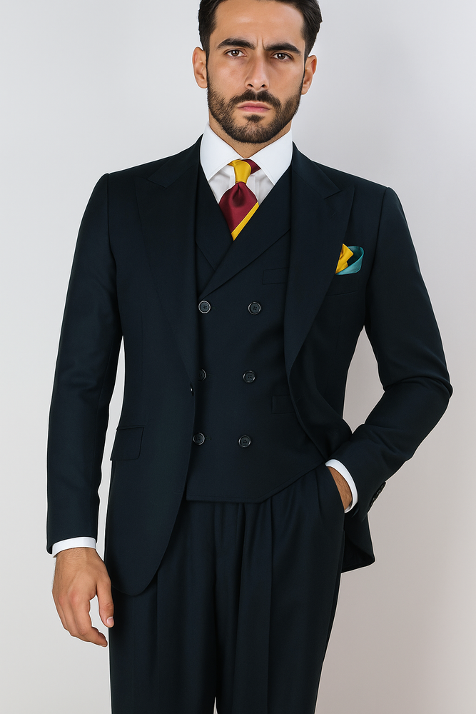 Classic Wool Fabric Fit - Pleated Pants - Peak Lapel With Double Breasted Vest - Athletic Fit Hunter Mens Suit