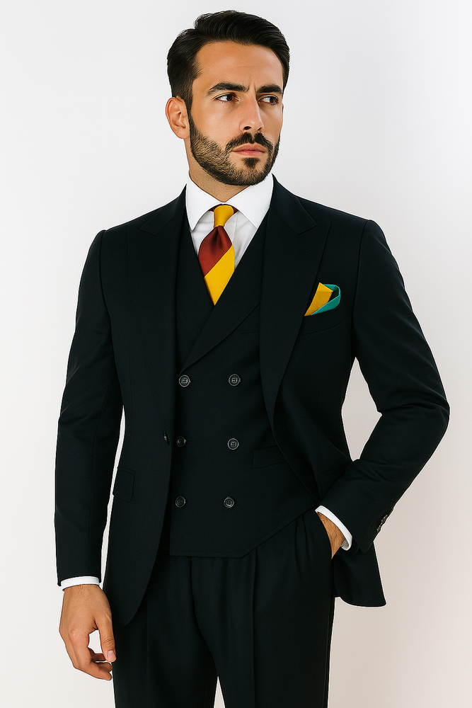 Classic Wool Fabric Fit - Pleated Pants - Peak Lapel With Double Breasted Vest - Athletic Fit Hunter Mens Suit