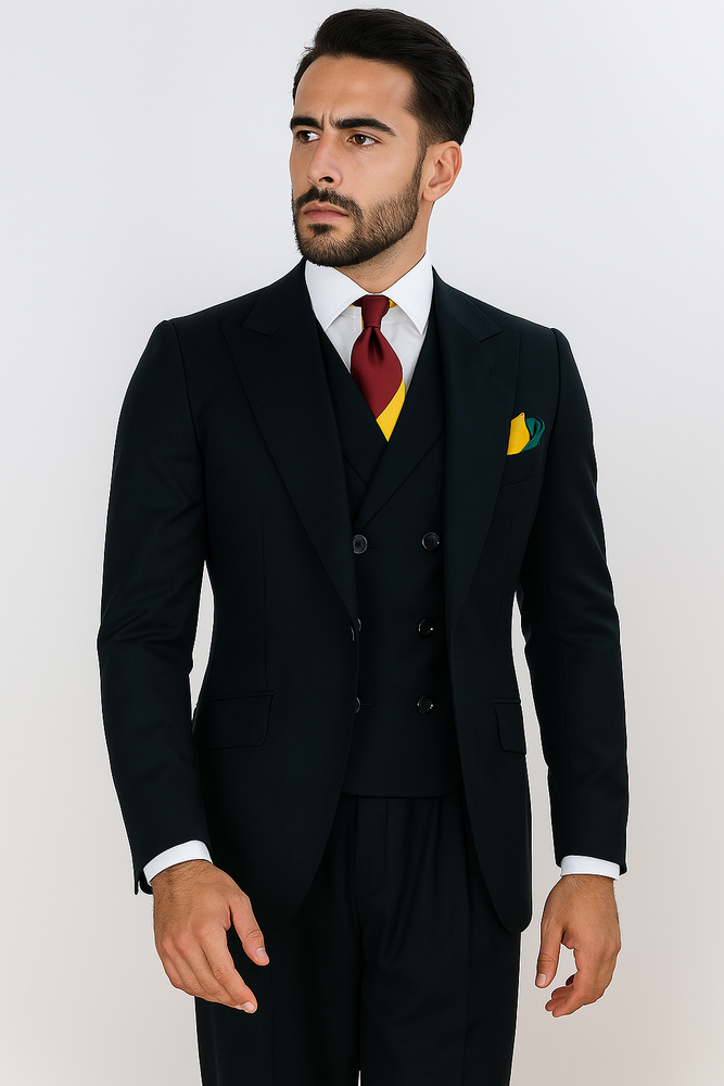 Classic Wool Fabric Fit - Pleated Pants - Peak Lapel With Double Breasted Vest - Athletic Fit Hunter Mens Suit