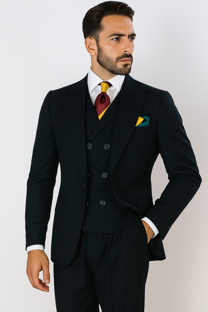 Classic Wool Fabric Fit - Pleated Pants - Peak Lapel With Double Breasted Vest - Athletic Fit Hunter Mens Suit