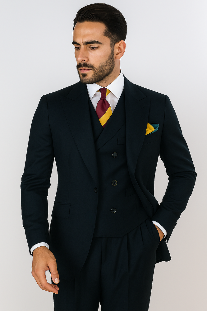 Classic Wool Fabric Fit - Pleated Pants - Peak Lapel With Double Breasted Vest - Athletic Fit Hunter Mens Suit