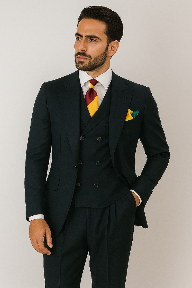 Classic Wool Fabric Fit - Pleated Pants - Peak Lapel With Double Breasted Vest - Athletic Fit Hunter Mens Suit