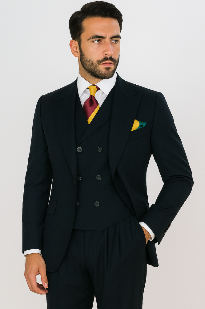 Classic Wool Fabric Fit - Pleated Pants - Peak Lapel With Double Breasted Vest - Athletic Fit Hunter Mens Suit