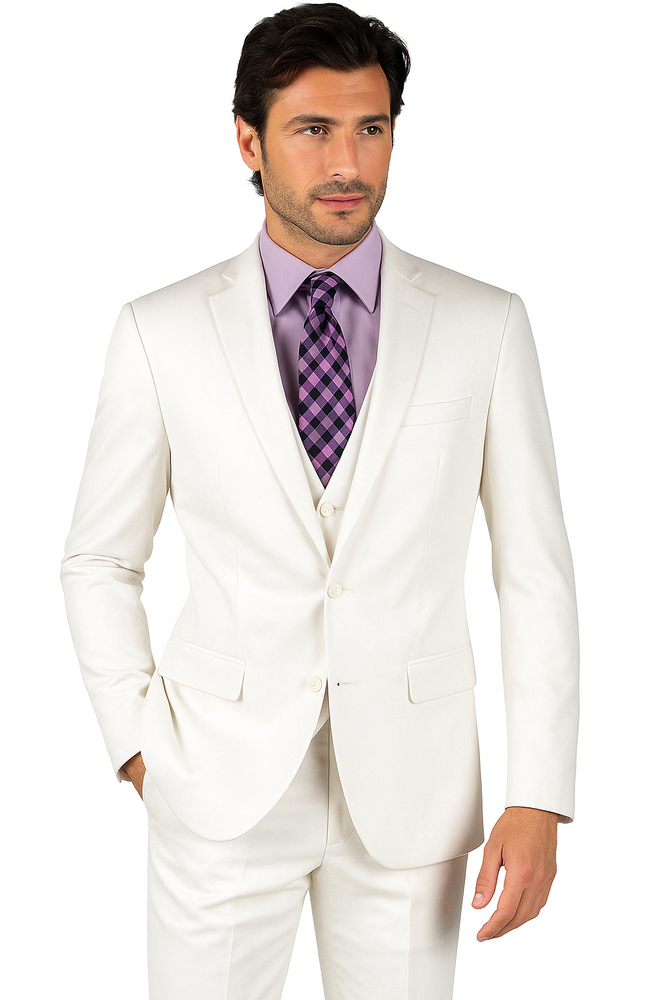 Mens Vested Slim Fit Wool Feel Suit in White