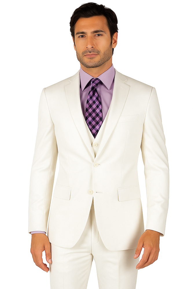 Mens Vested Slim Fit Wool Feel Suit in White