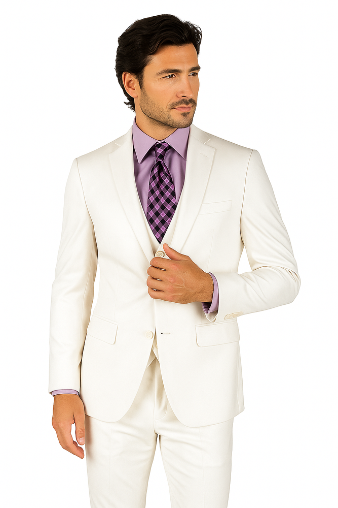 Mens Vested Slim Fit Wool Feel Suit in White