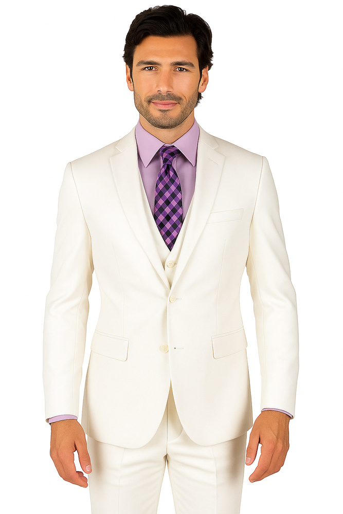 Mens Vested Slim Fit Wool Feel Suit in White