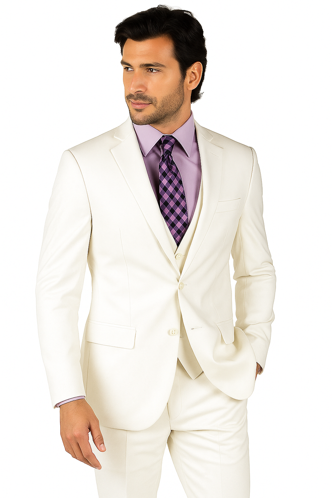 Mens Vested Slim Fit Wool Feel Suit in White