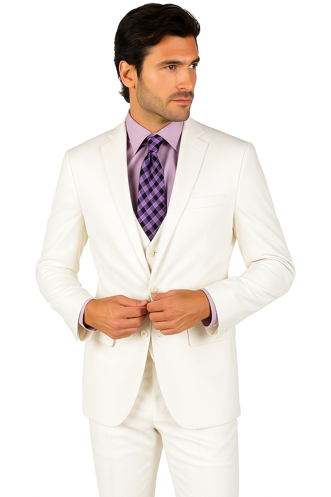 Mens Vested Slim Fit Wool Feel Suit in White