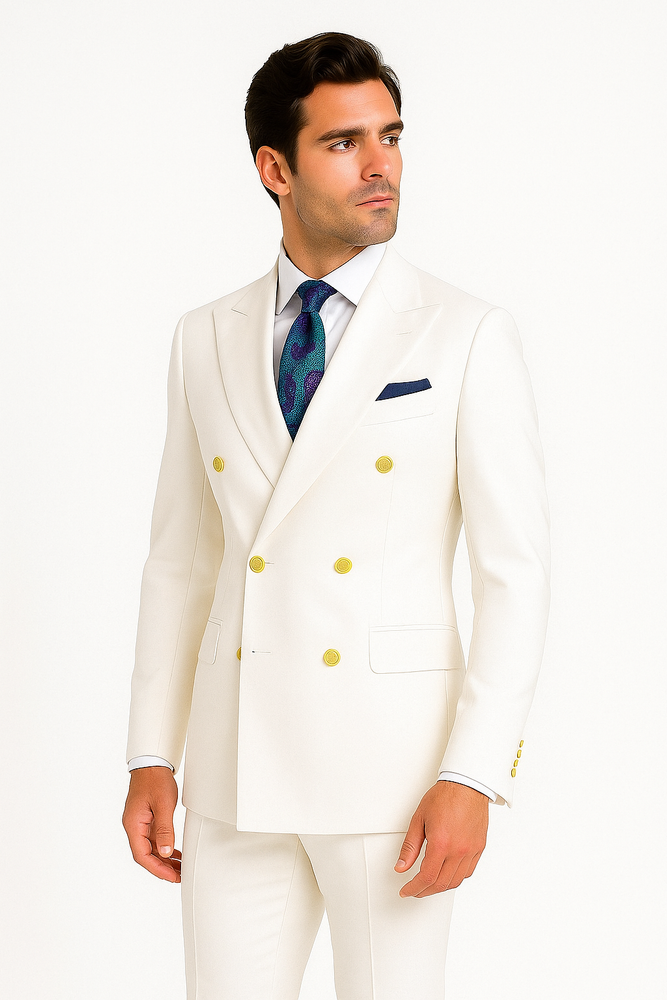 Mens White Double-Breasted Suit with Gold Buttons – Formal Slim Fit 2-Piece Set