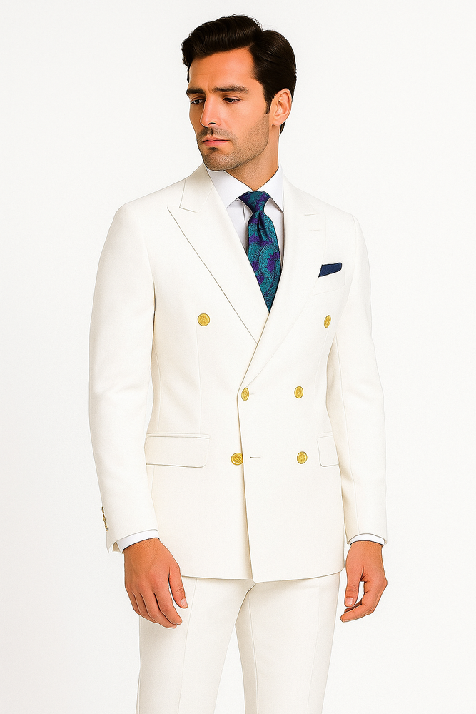 Mens White Double-Breasted Suit with Gold Buttons – Formal Slim Fit 2-Piece Set