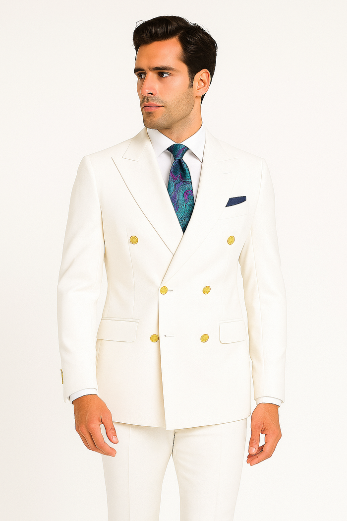 Mens White Double-Breasted Suit with Gold Buttons – Formal Slim Fit 2-Piece Set
