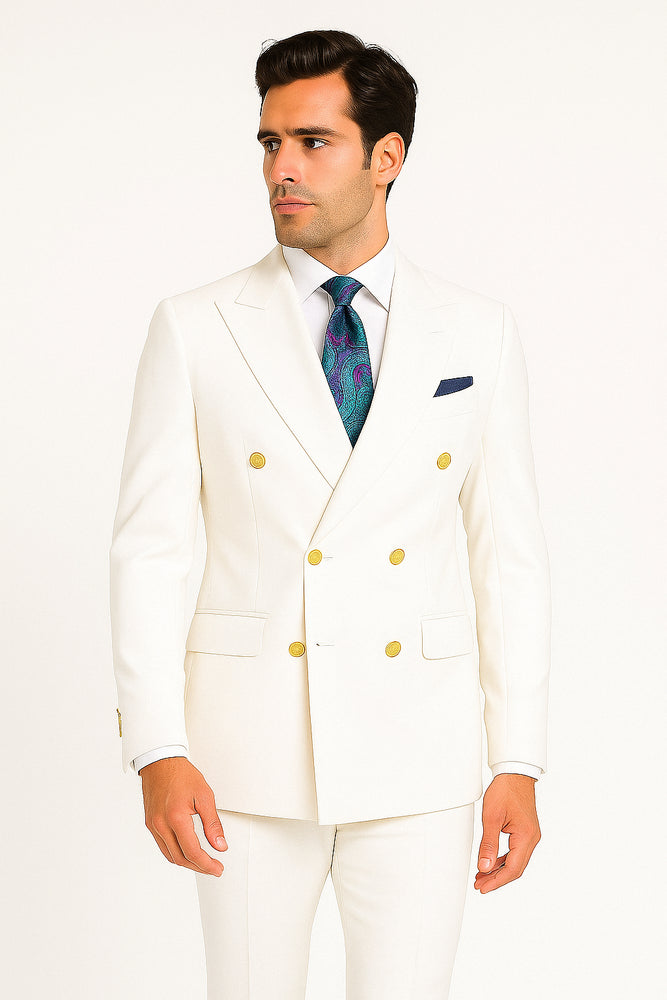 Mens White Double-Breasted Suit with Gold Buttons – Formal Slim Fit 2-Piece Set