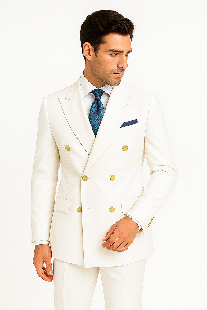 Mens White Double-Breasted Suit with Gold Buttons – Formal Slim Fit 2-Piece Set