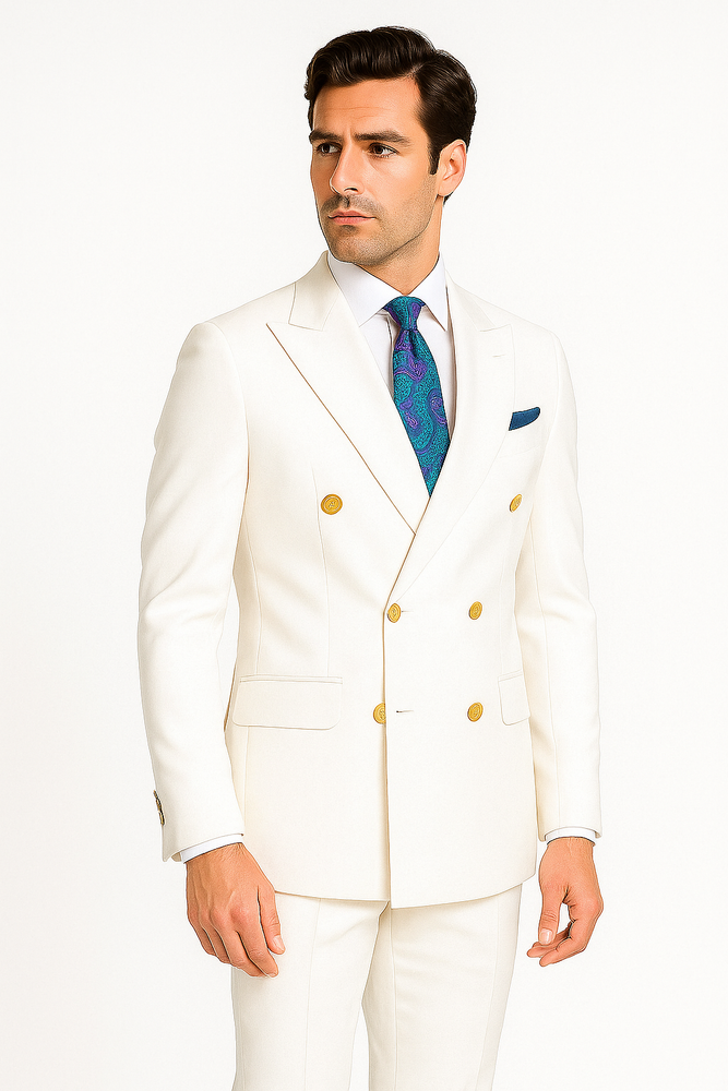 Mens White Double-Breasted Suit with Gold Buttons – Formal Slim Fit 2-Piece Set