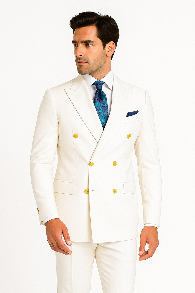 Mens White Double-Breasted Suit with Gold Buttons – Formal Slim Fit 2-Piece Set