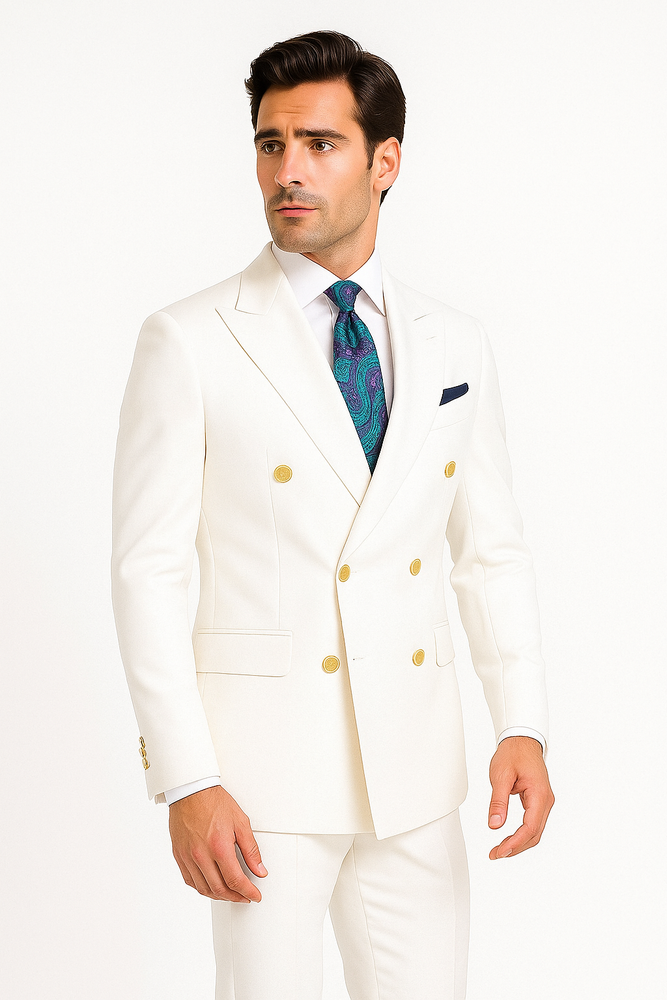 Mens White Double-Breasted Suit with Gold Buttons – Formal Slim Fit 2-Piece Set