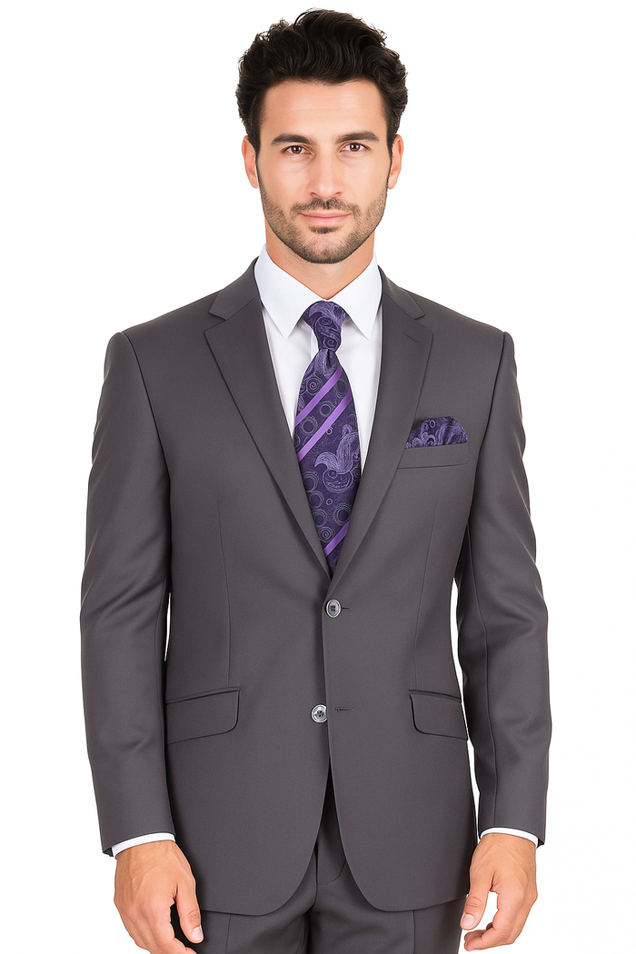 "Grey Modern Fit Suit for Men - Basic 2 Button Wool Feel - Designer Brand"