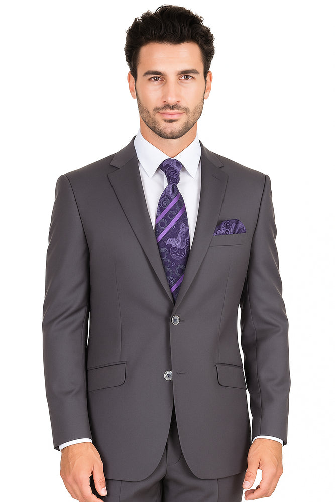 "Grey Modern Fit Suit for Men - Basic 2 Button Wool Feel - Designer Brand"