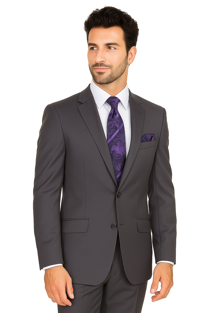 "Grey Modern Fit Suit for Men - Basic 2 Button Wool Feel - Designer Brand"