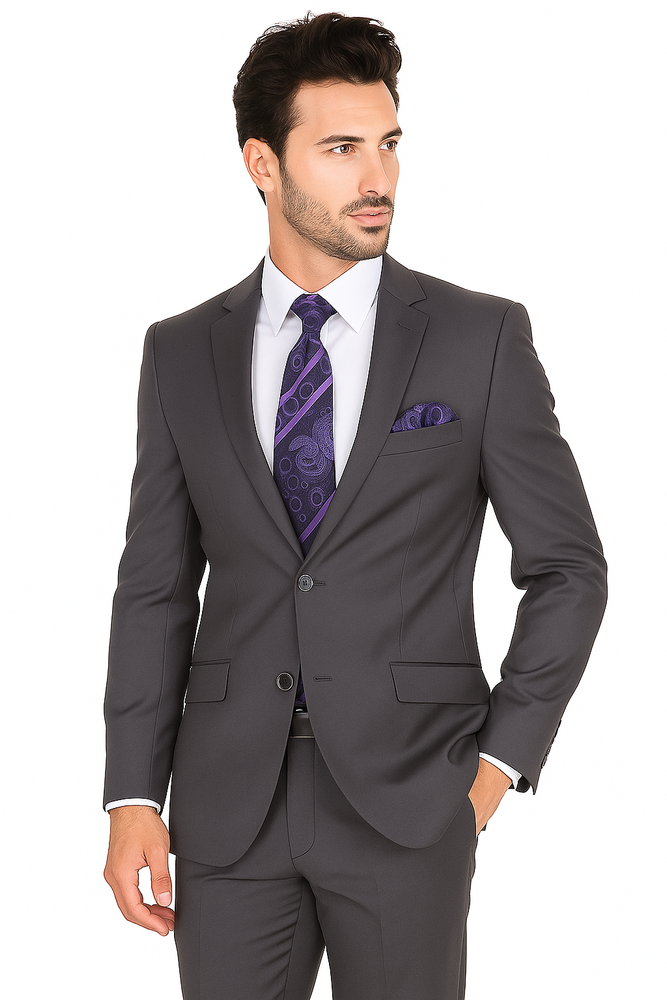 "Grey Modern Fit Suit for Men - Basic 2 Button Wool Feel - Designer Brand"