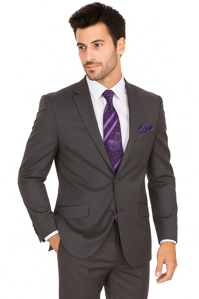 "Grey Modern Fit Suit for Men - Basic 2 Button Wool Feel - Designer Brand"
