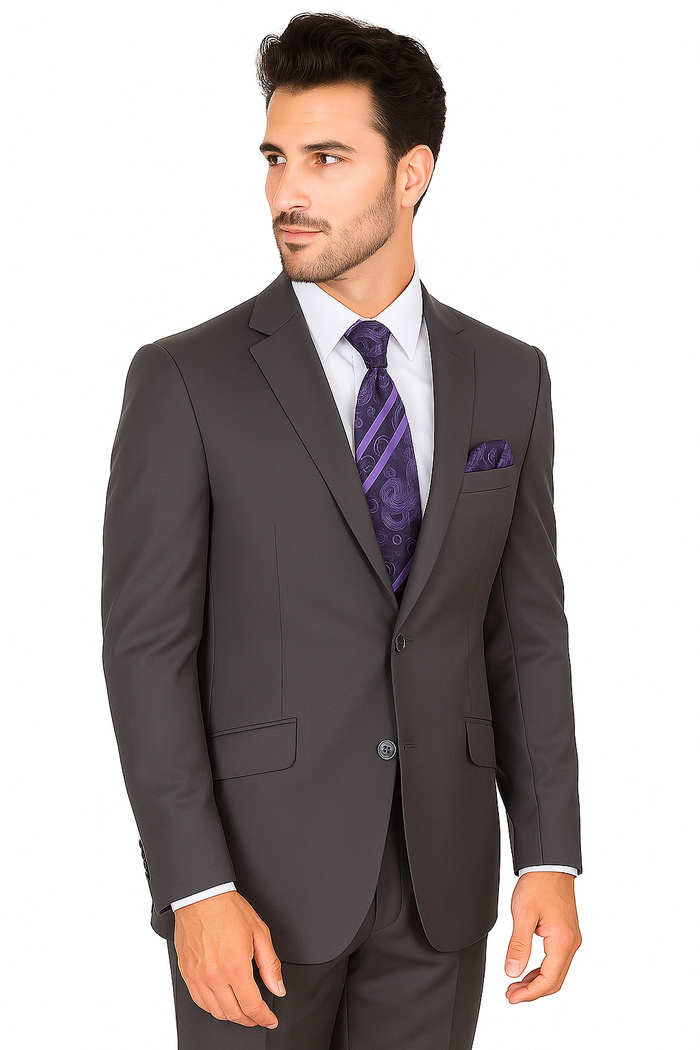 "Grey Modern Fit Suit for Men - Basic 2 Button Wool Feel - Designer Brand"