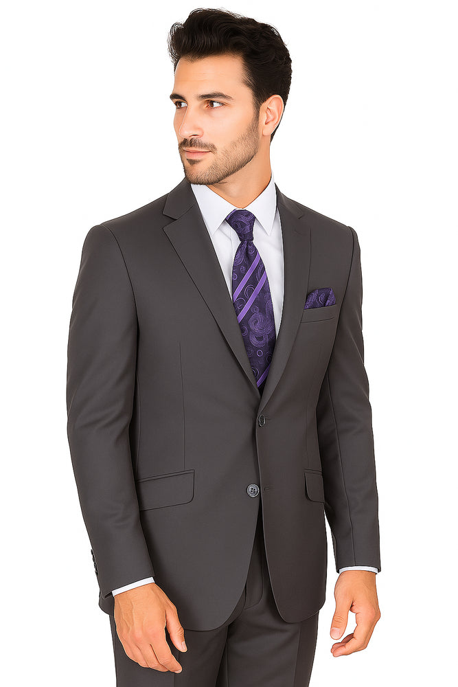 "Grey Modern Fit Suit for Men - Basic 2 Button Wool Feel - Designer Brand"