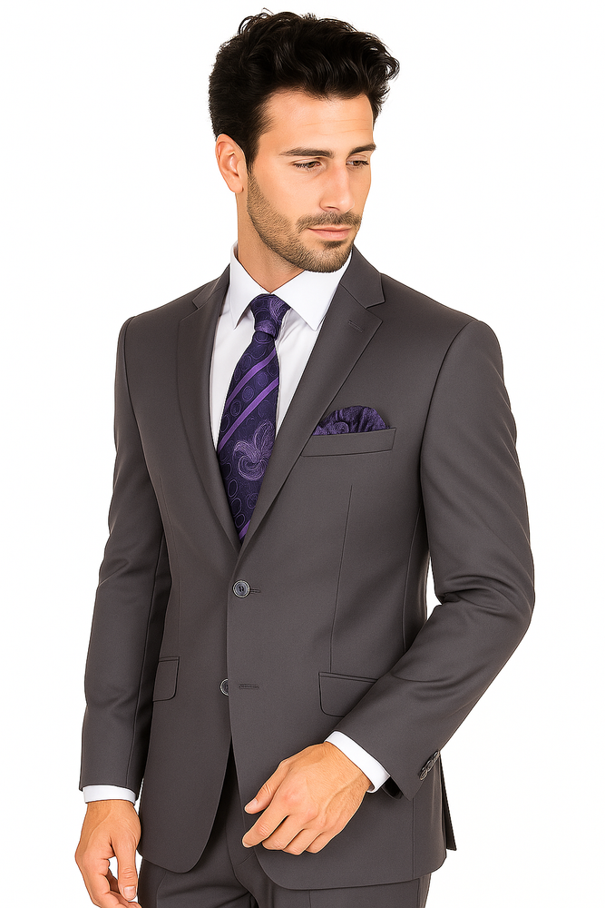 "Grey Modern Fit Suit for Men - Basic 2 Button Wool Feel - Designer Brand"