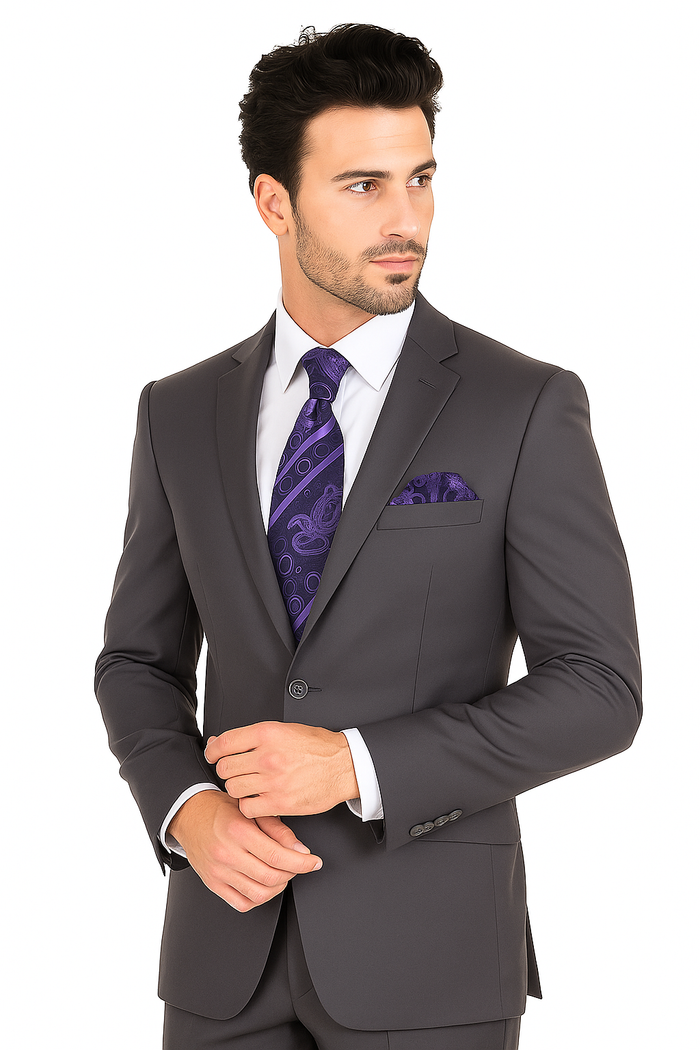 "Grey Modern Fit Suit for Men - Basic 2 Button Wool Feel - Designer Brand"