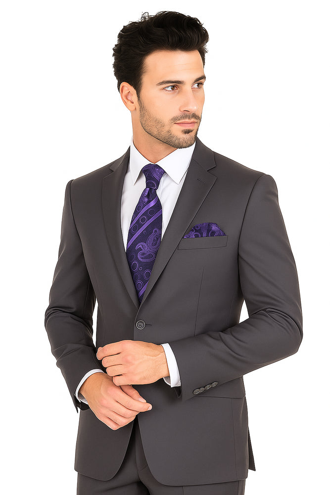 "Grey Modern Fit Suit for Men - Basic 2 Button Wool Feel - Designer Brand"
