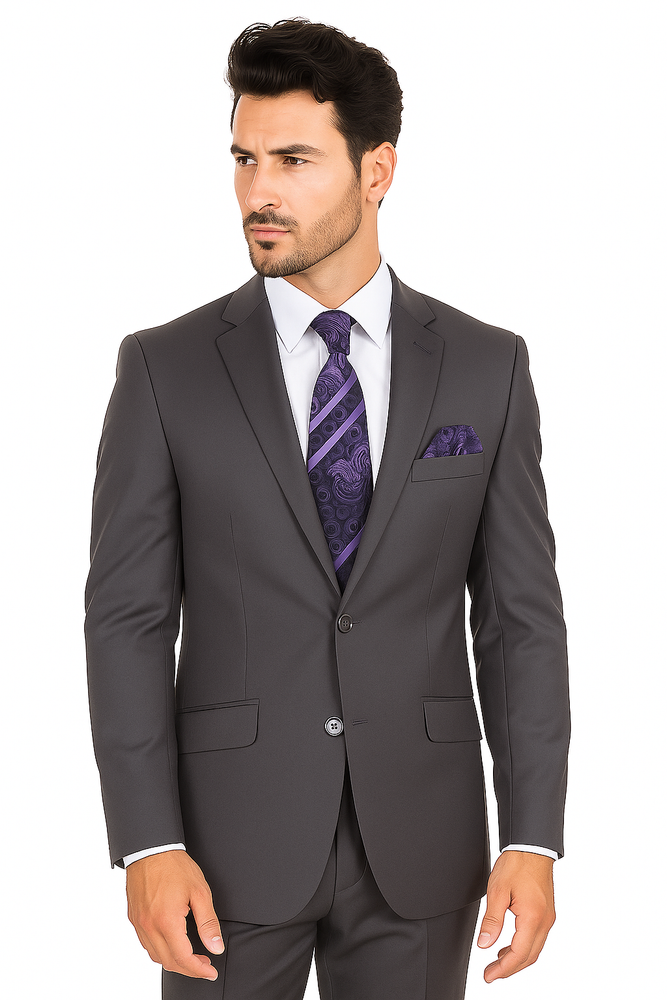 "Grey Modern Fit Suit for Men - Basic 2 Button Wool Feel - Designer Brand"