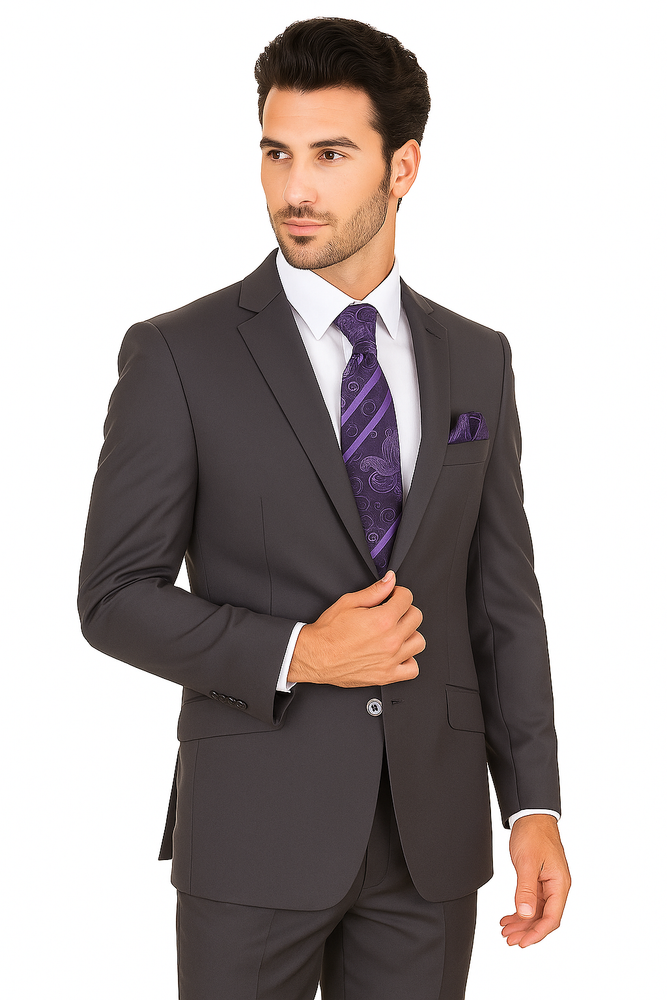 "Grey Modern Fit Suit for Men - Basic 2 Button Wool Feel - Designer Brand"