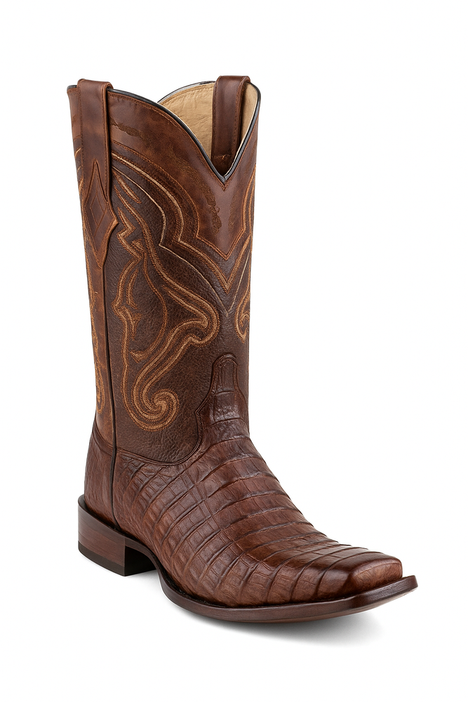Los Altos Boots Caiman Tail Faded Brown Pointed Toe Cowboy Boots
