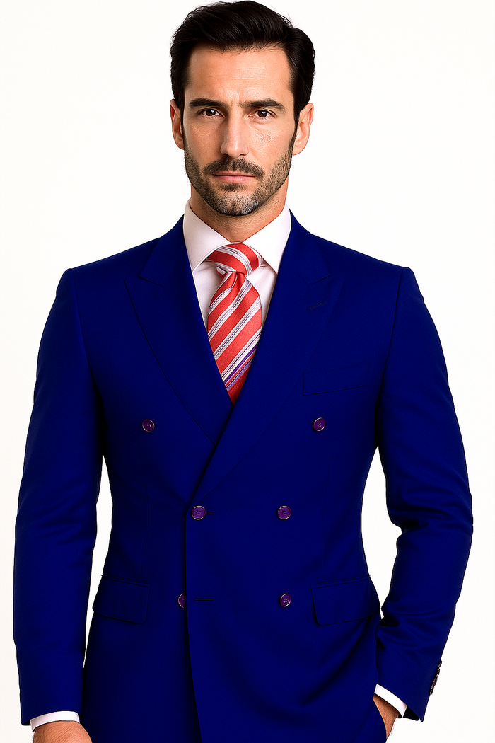 High Quality Royal Blue Men's Double Breasted Suits Jacket Blazer with Peak Lapels