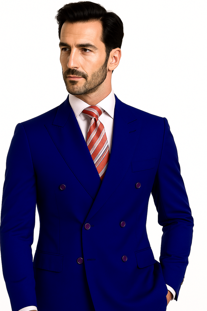 High Quality Royal Blue Men's Double Breasted Suits Jacket Blazer with Peak Lapels