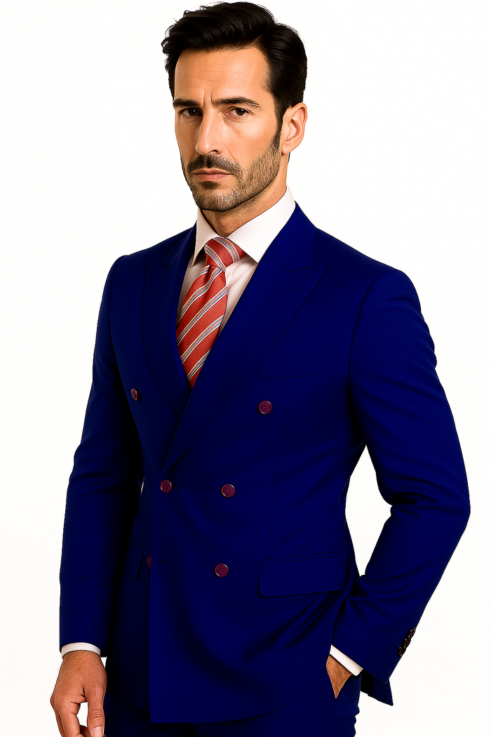 High Quality Royal Blue Men's Double Breasted Suits Jacket Blazer with Peak Lapels