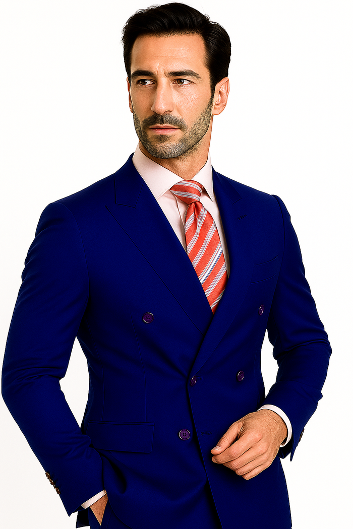 High Quality Royal Blue Men's Double Breasted Suits Jacket Blazer with Peak Lapels