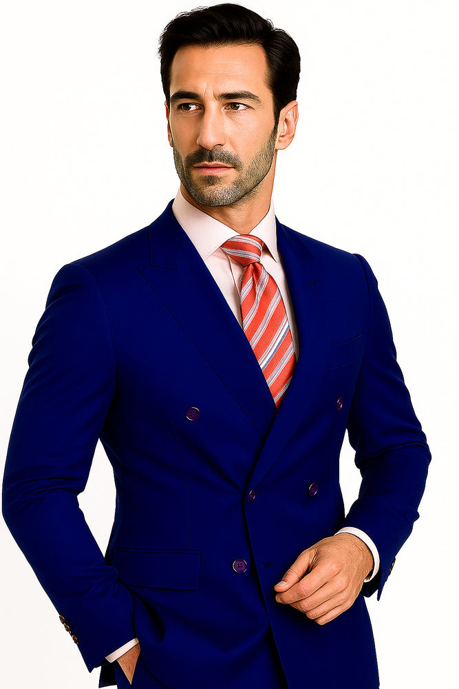 High Quality Royal Blue Men's Double Breasted Suits Jacket Blazer with Peak Lapels