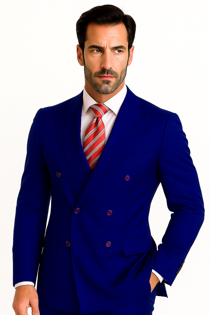 High Quality Royal Blue Men's Double Breasted Suits Jacket Blazer with Peak Lapels