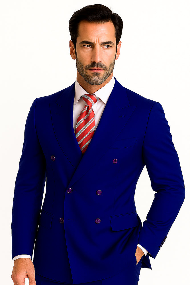 High Quality Royal Blue Men's Double Breasted Suits Jacket Blazer with Peak Lapels