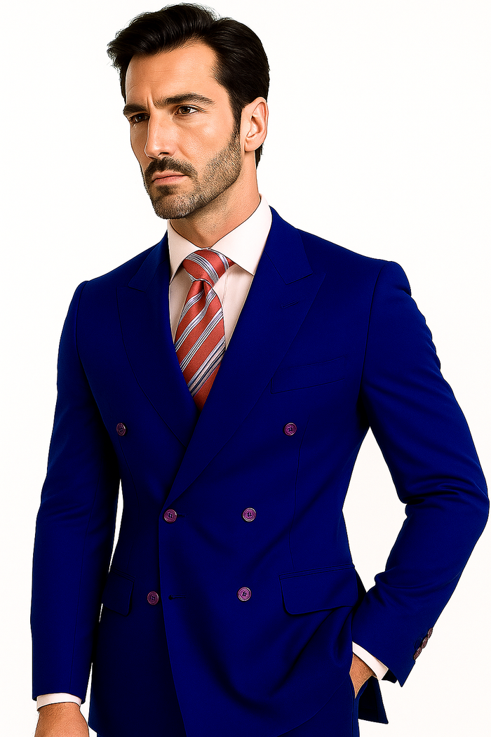 High Quality Royal Blue Men's Double Breasted Suits Jacket Blazer with Peak Lapels
