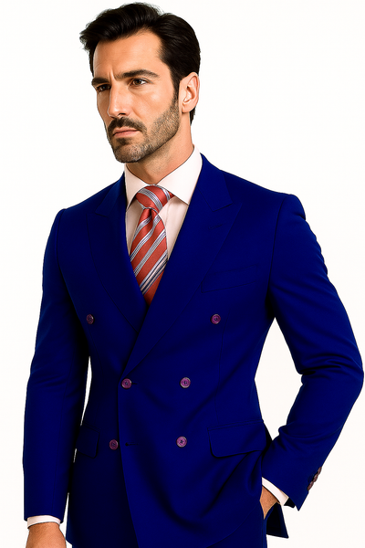 High Quality Royal Blue Men's Double Breasted Suits Jacket Blazer with Peak Lapels