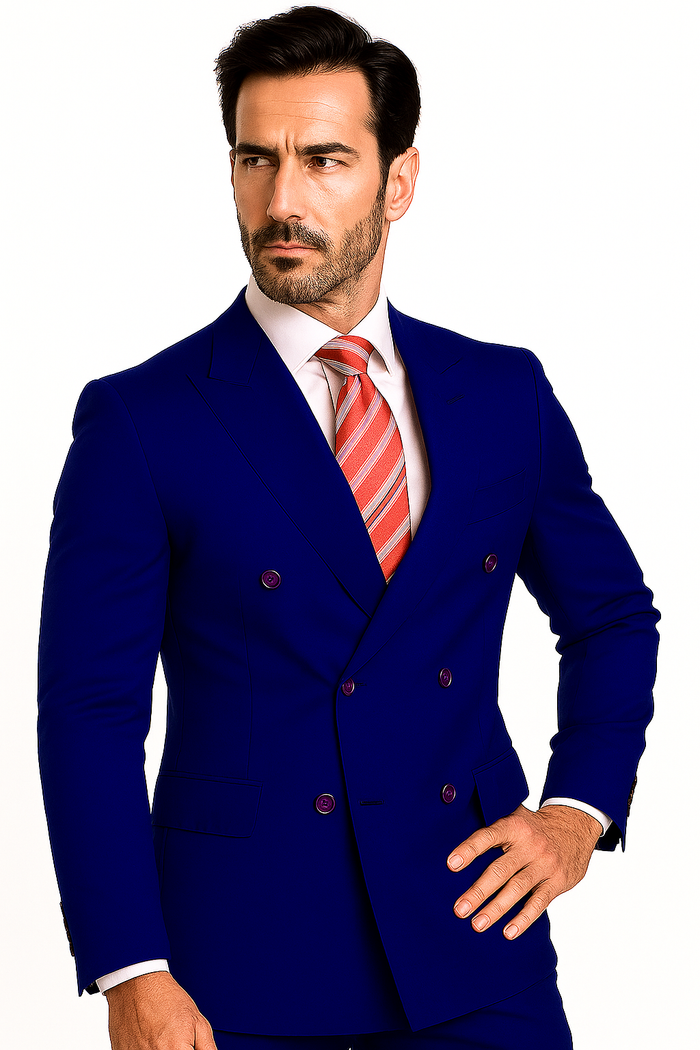 High Quality Royal Blue Men's Double Breasted Suits Jacket Blazer with Peak Lapels