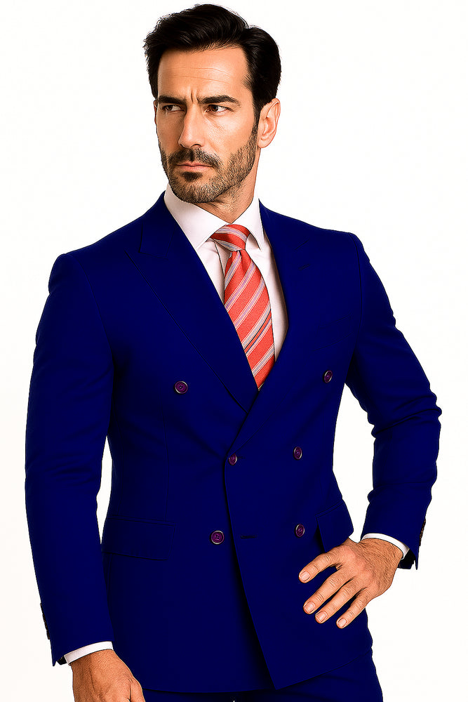 High Quality Royal Blue Men's Double Breasted Suits Jacket Blazer with Peak Lapels