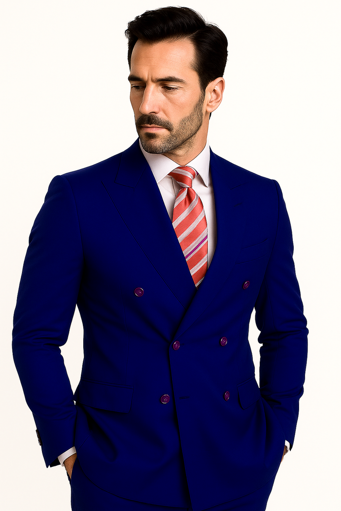 High Quality Royal Blue Men's Double Breasted Suits Jacket Blazer with Peak Lapels